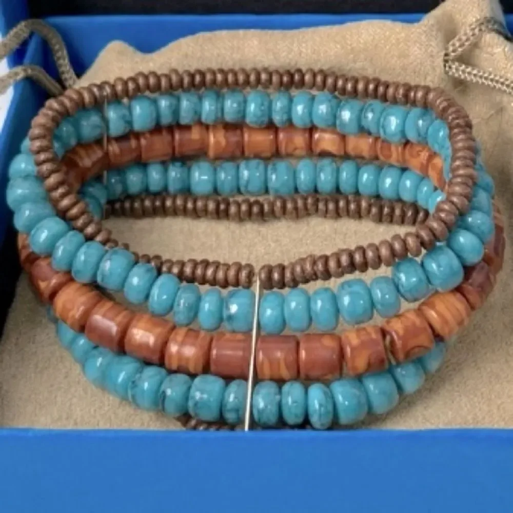 Indian Aztec Wooden Beaded Bracelet Teal Turquoise Brown Metal Stretch